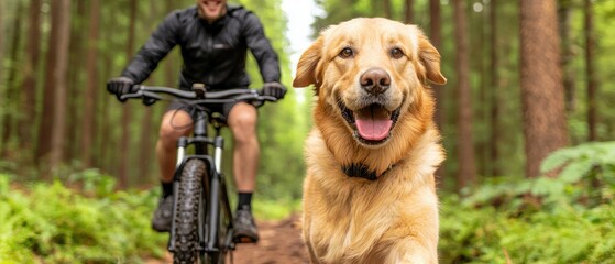 A cyclist rides on a forest path with a happy golden retriever running beside them, showcasing a joyful outdoor adventure.