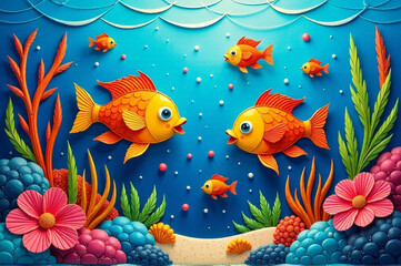 Fototapeta premium An applique artwork depicting a vibrant underwater scene with colorful fish. creativity hobby and handicrafts, diy, background for design. creativity hobby and handicrafts, diy, background for design.