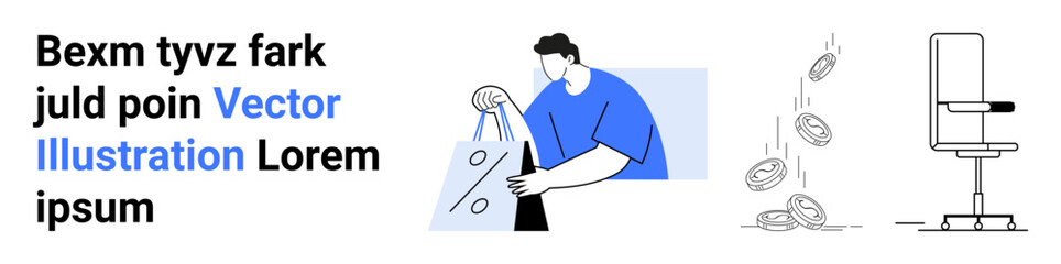 Man holding shopping bag with percent symbol, coins falling, modern office chair. Ideal for e-commerce, discounts, online shopping, sale events, marketing strategies, office environment