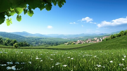 Vineyard landscape with village