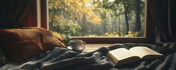 Cozy reading nook with a cup of tea and a warm blanket, tranquil indoor retreat, relaxing atmosphere.