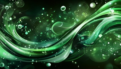 Abstract green wave with glowing particles and bokeh.