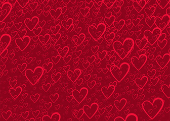 Abstract bokeh background with red hearts. Romantic illustration for Valentine Day, wedding decoration with outlined hearts. Defocused love backdrop.