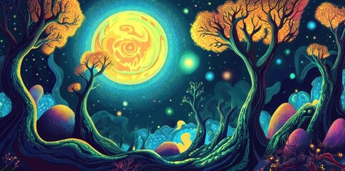 Surreal Night Forest Scene With Vibrant Moon And Trees