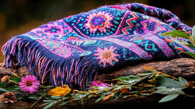 Close-up of colorful traditional peruvian poncho displaying intricate patterns and textures