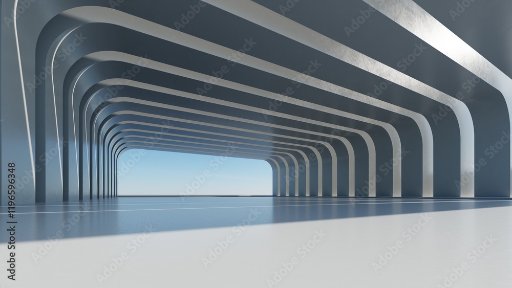Poster 3d render of abstract modern architecture with empty cement floor, minimal exterior, car presentatio