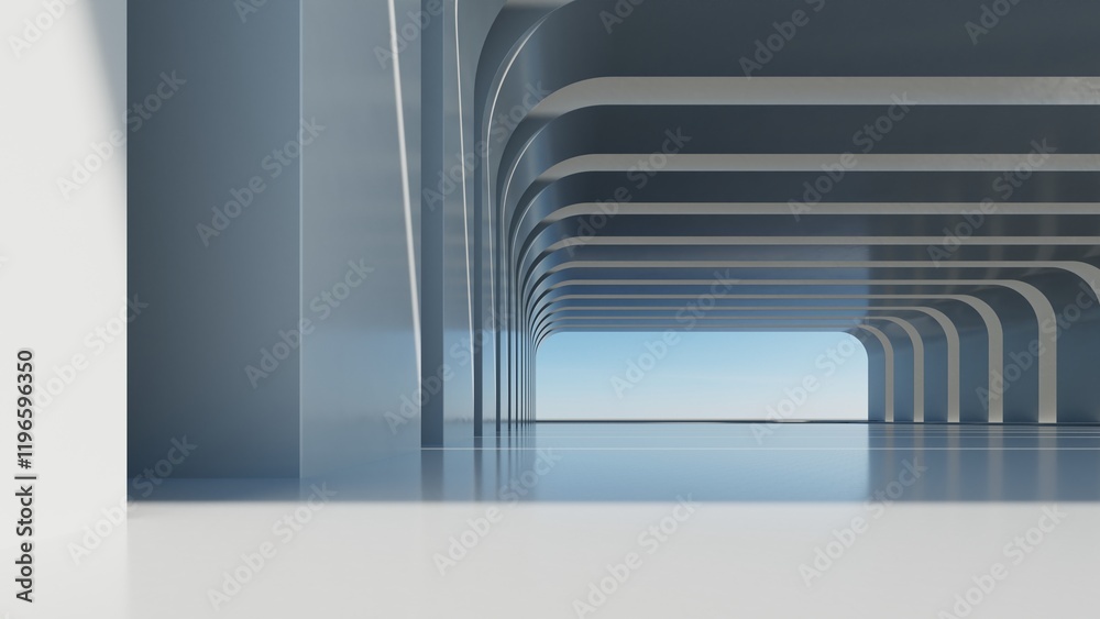 Poster 3d render of abstract modern architecture with empty cement floor, minimal exterior, car presentatio