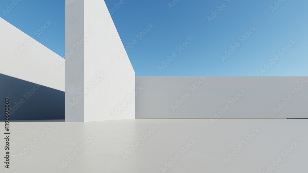 Poster 3d render of abstract modern architecture with empty cement floor, minimal exterior, car presentatio