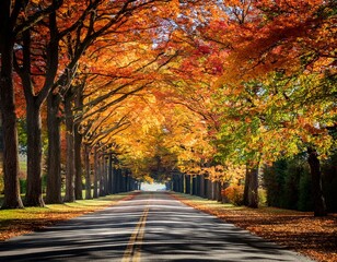 Fototapeta premium autumn in the park, Autumn trees lining driveway