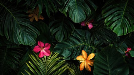 A stylish wallpaper with a tropical jungle theme, showcasing large leaves and bright flowers. 
