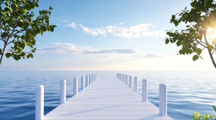 Serene pier extending into calm waters under a bright sky.