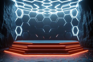 Futuristic hexagon-patterned stage with neon lights.