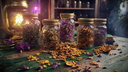 A collection of herbal jars on a wooden table, surrounded by dried petals.