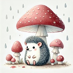 Cute hedgehog sitting under large mushroom, surrounded by smaller mushrooms and rain 