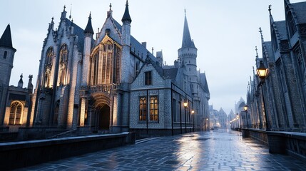 Serene evening view of a historic castle-like structure.