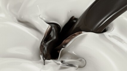 Pouring Melted Chocolate Into Milk, Splashing, Top View Composition.
