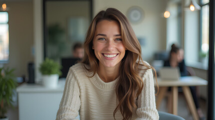 Photo of beautiful happy woman looking at camera while sitting at office