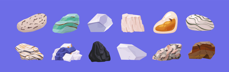 Different stones, minerals set. Rocks with various materials, shapes, color. Gemstones, gems, fossils, pieces of decorative amber, coal, granite, organic marble. Flat isolated vector illustrations