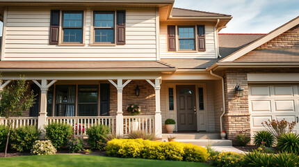 Luxury Family Home Exterior: Beautiful Brick House with Landscaping and Porch. Classic American Architecture and Design. Real Estate Property