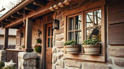 Obraz premium Rustic Stone House Exterior with Wooden Details and Flower Pots