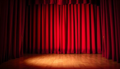 Dramatic Ambiance: Red Curtains and Wooden Stage in a Theater Setting