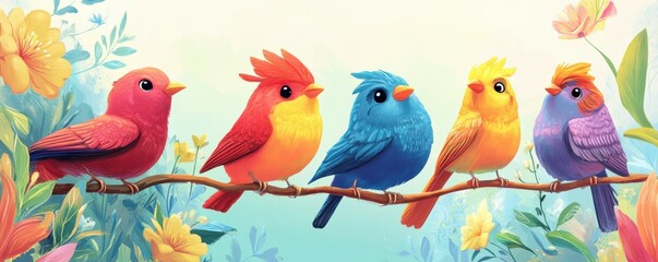 Cute Illustrated Birds: Collection of cute illustrated birds, different species, vibrant colors, cartoon style, whimsical and playful theme