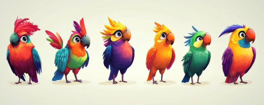 Cute Illustrated Birds: Collection of cute illustrated birds, different species, vibrant colors, cartoon style, whimsical and playful theme