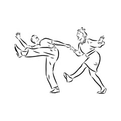 Couple in love dancing and having fun, hand drawn outline illustration. swing dance. vector