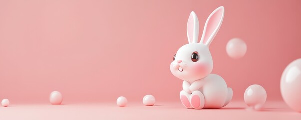 Obraz premium cute rabbit, pink background, minimalistic design, soft colors, playful concept, D illustration, charming decor, adorable character, cheerful mood, simple aesthetics