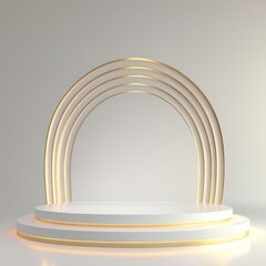 Obraz premium Abstract waveshaped gold podium with smooth reflective textures, dynamic depth, and soft light gradients