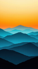 Obraz premium Peaceful sunset over layered mountain silhouettes with blue hues