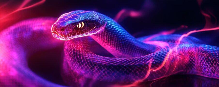 D snake, digital art, neon colors, glowing snake design, creative illustration on a dark background, captivating and modern representation of a serpent