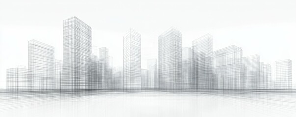 D wireframe cityscape, architectural design, urban concept The image features a monochrome perspective of buildings represented by transparent lines against a white