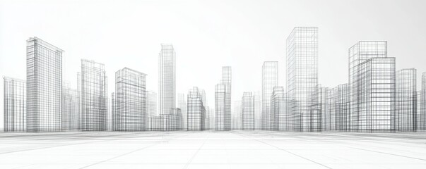D wireframe cityscape, architectural design, urban concept The image features a monochrome perspective of buildings represented by transparent lines against a white