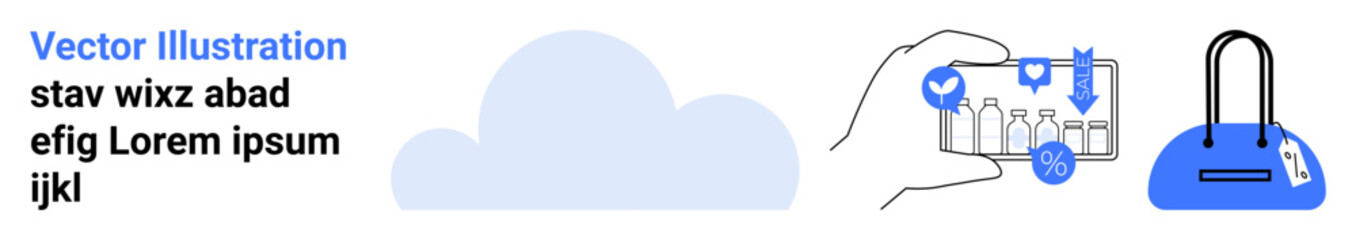 Hand holding mobile phone displaying shopping cart and data metrics, alongside a shopping bag icon. Ideal for e-commerce, online retail, digital marketing, shopping apps, mobile commerce, data