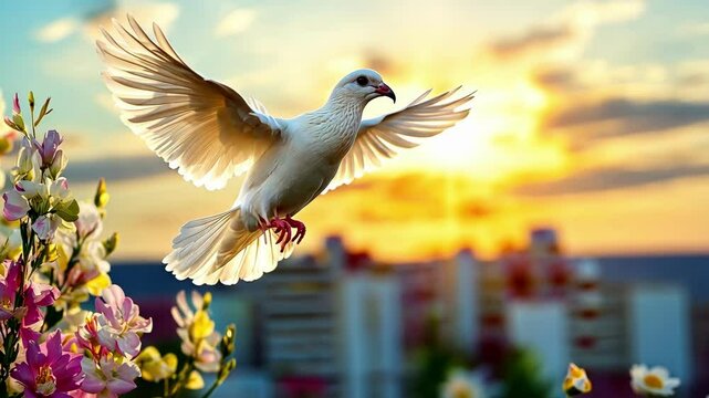 Dove of peace amidst blossoms at sunset in memory and reflection