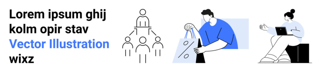 Office hierarchy with network of people, man holding shopping bags, woman working on laptop. Ideal for business dynamics, e-commerce, online shopping, remote working, teamwork, corporate strategy