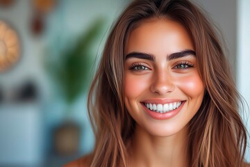 Fototapeta premium Radiant model showcases glowing skin and natural makeup in a bright setting