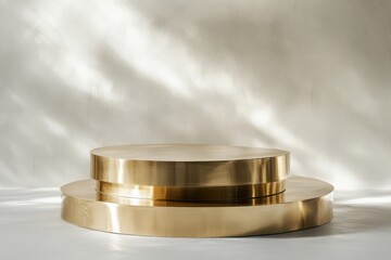 Stackable gold podium with sharp dynamic forms, polished textures, and futuristic lighting accents, premium design