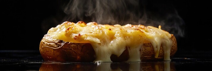 A perfectly baked potato, with cheese oozing from the top and steam rising in an elegant display of culinary artistry, set against a black background.