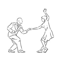 Couple in love dancing and having fun, hand drawn outline illustration. swing dance. vector