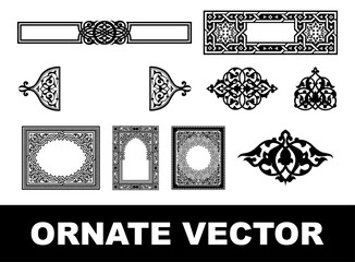 Ornate vector designs, black and white geometric patterns, intricate Celtic knots, Art Nouveau borders, decorative frames, symmetrical motifs, filigree elements, arabesque scrollwork, vintage ornament