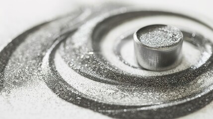 Obraz premium Iron filings forming circular patterns around a bar magnet on white surface, illustrating magnetic field lines and scientific principles of magnetism.