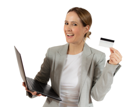 Young business woman holding laptop computer and credit card over transparent background. PNG transparent.