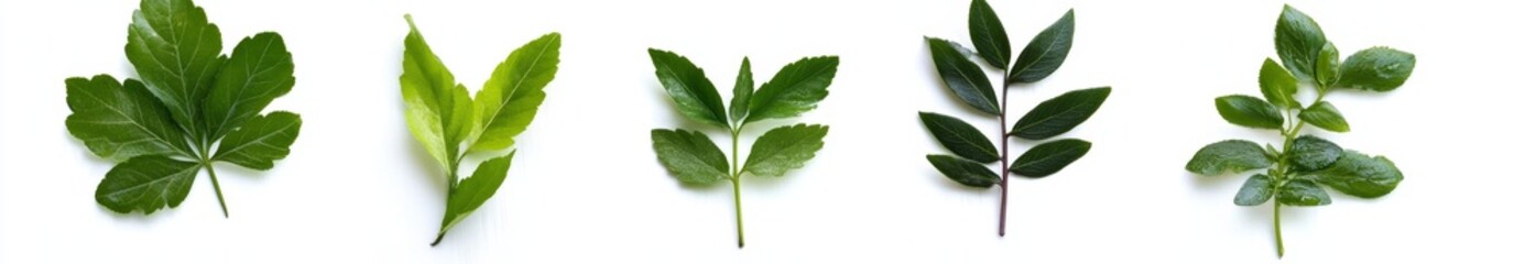 Five green leaves isolated on white background. (2)