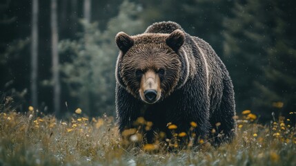 Fototapeta premium Majestic brown bear in a forest clearing.