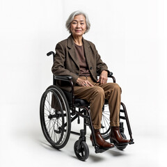 Asian old woman sitting on wheelchair, white backdrop