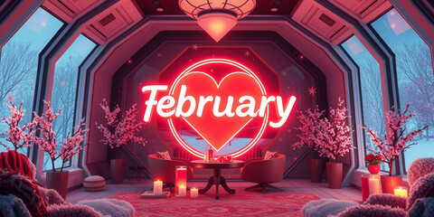 A room with a heart on the wall that says February. The room is decorated with candles and has a table with chairs