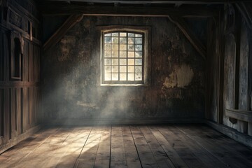 Dusty attic room with sunlight through window.