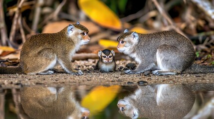 Playful monkeys bonding by water in their natural jungle habitat - wildlife photography